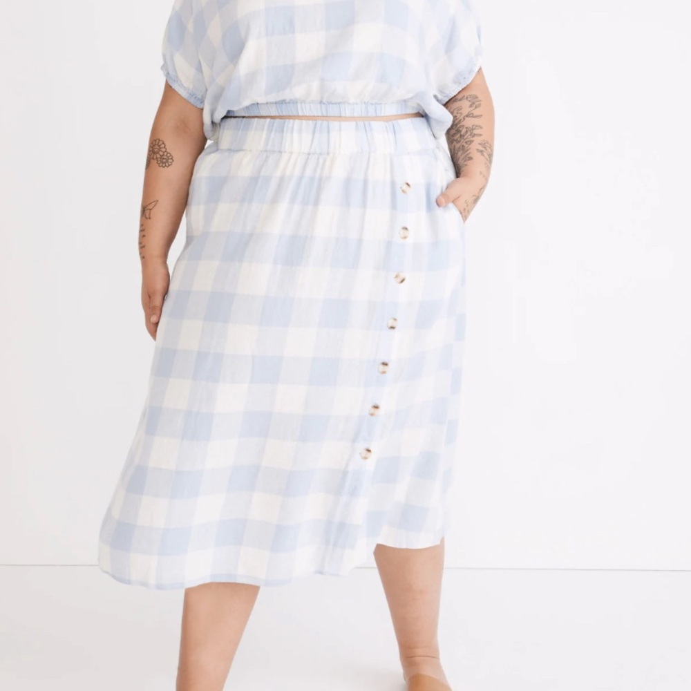 Madewell Linen-Blend Side-Button Midi Skirt in Gingham Check 2X